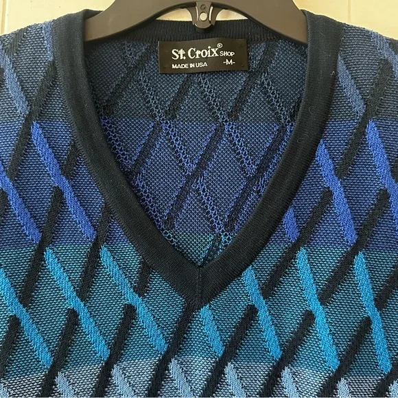 Vintage St. Croix Knits Sweater M diamondjacquard black blue 80s 90s Y2K